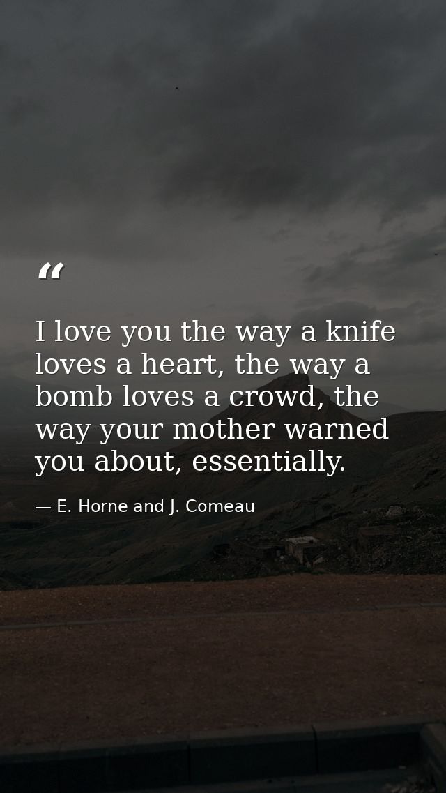 I love you the way a knife loves a heart, the way a bomb loves a crowd, the way your mother warned you about, essentiall — E. Horne and J. Comeau