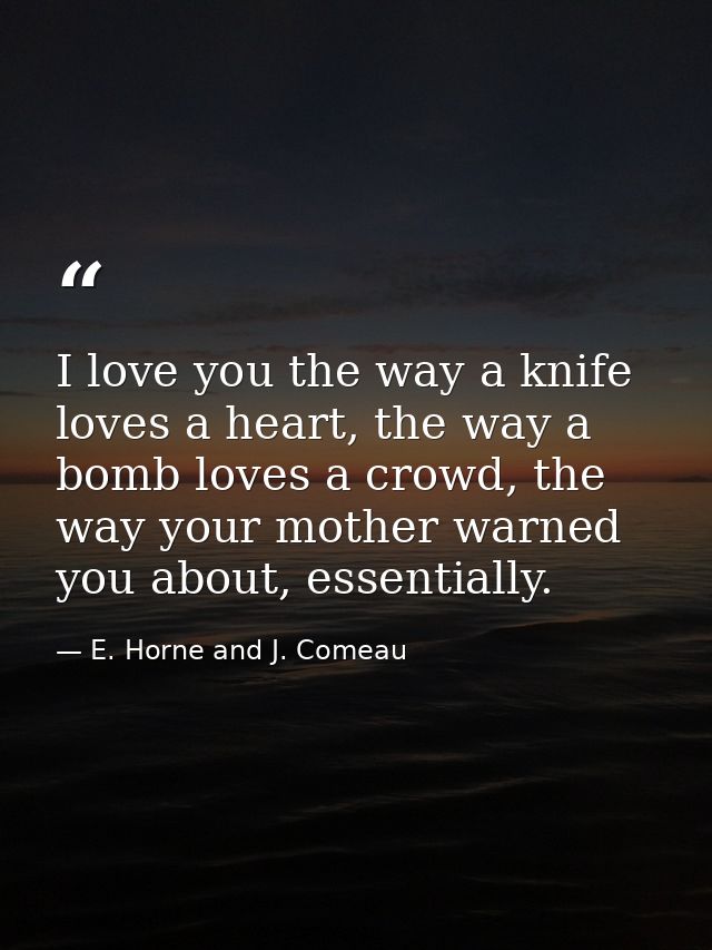 I love you the way a knife loves a heart, the way a bomb loves a crowd, the way your mother warned you about, essentiall — E. Horne and J. Comeau