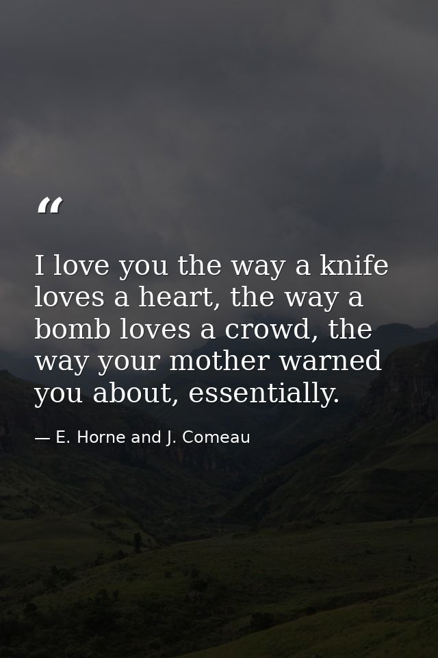 I love you the way a knife loves a heart, the way a bomb loves a crowd, the way your mother warned you about, essentiall — E. Horne and J. Comeau