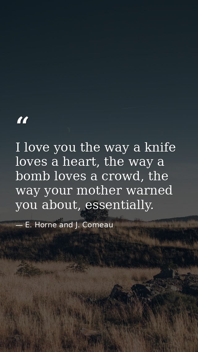 I love you the way a knife loves a heart, the way a bomb loves a crowd, the way your mother warned you about, essentiall — E. Horne and J. Comeau