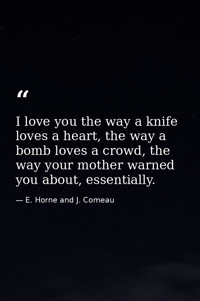 I love you the way a knife loves a heart, the way a bomb loves a crowd, the way your mother warned you about, essentiall — E. Horne and J. Comeau