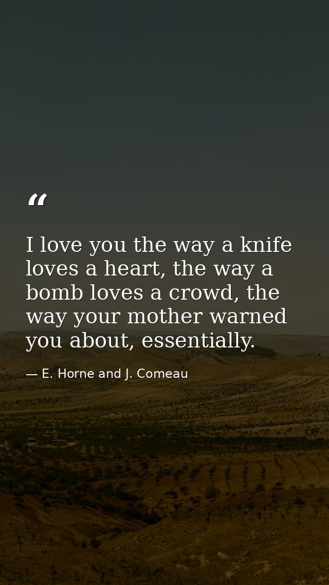 I love you the way a knife loves a heart, the way a bomb loves a crowd, the way your mother warned you about, essentiall — E. Horne and J. Comeau