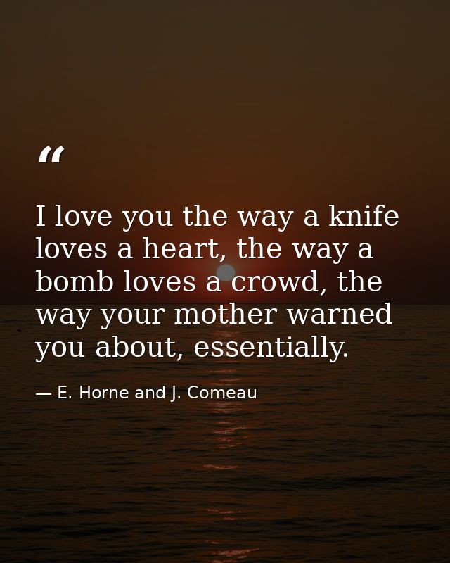 I love you the way a knife loves a heart, the way a bomb loves a crowd, the way your mother warned you about, essentiall — E. Horne and J. Comeau