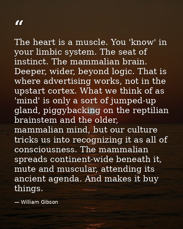 The heart is a muscle. You 'know' in your limbic system. The seat of instinct. The mammalian brain. Deeper, wider, beyon — William Gibson