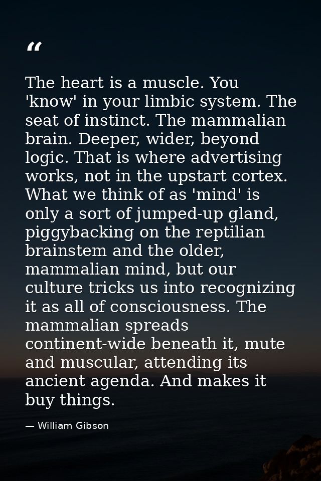 The heart is a muscle. You 'know' in your limbic system. The seat of instinct. The mammalian brain. Deeper, wider, beyon — William Gibson