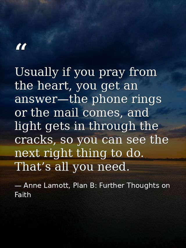 Usually if you pray from the heart, you get an answer—the phone rings or the mail comes, and light gets in through the c — Anne Lamott, Plan B: Further Thoughts on Faith
