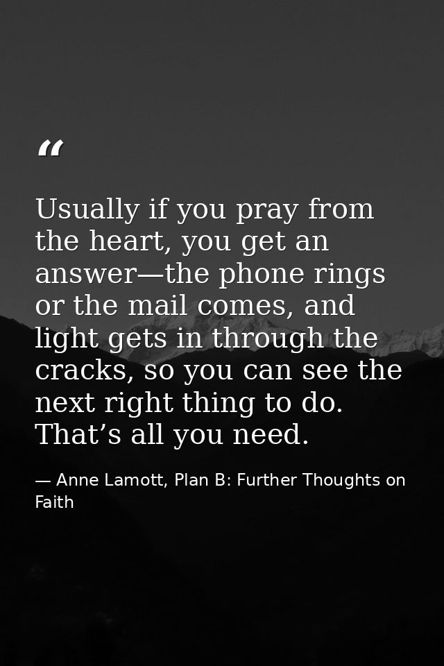 Usually if you pray from the heart, you get an answer—the phone rings or the mail comes, and light gets in through the c — Anne Lamott, Plan B: Further Thoughts on Faith