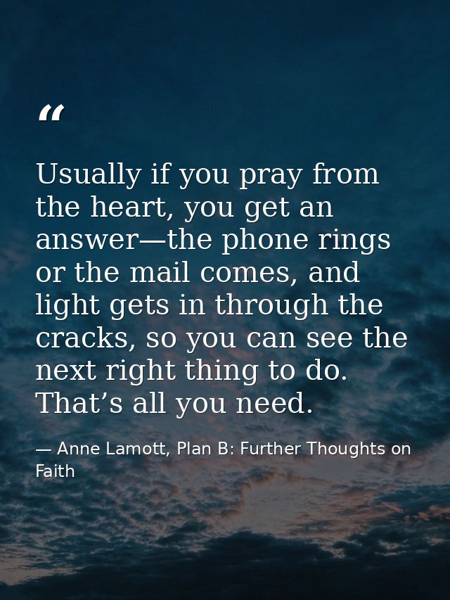 Usually if you pray from the heart, you get an answer—the phone rings or the mail comes, and light gets in through the c — Anne Lamott, Plan B: Further Thoughts on Faith
