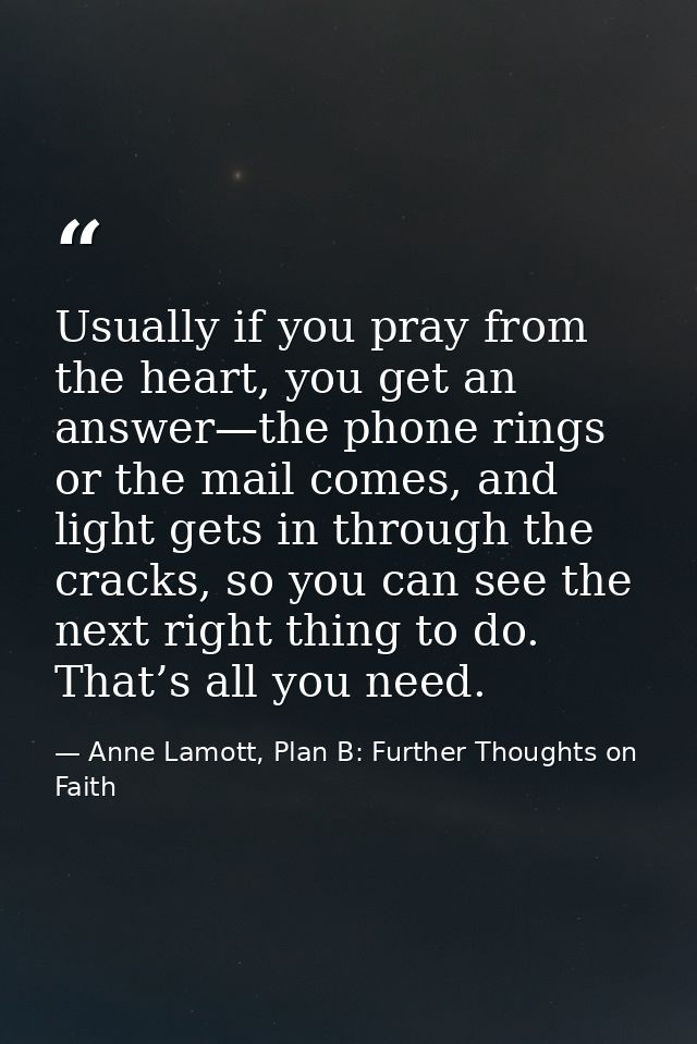 Usually if you pray from the heart, you get an answer—the phone rings or the mail comes, and light gets in through the c — Anne Lamott, Plan B: Further Thoughts on Faith
