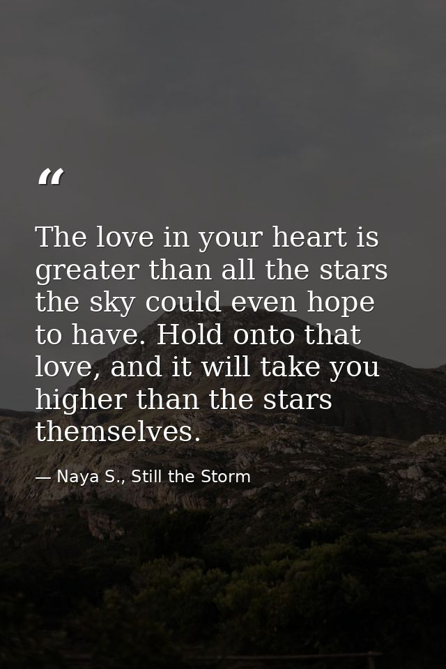 The love in your heart is greater than all the stars the sky could even hope to have. Hold onto that love, and it will t — Naya S., Still the Storm