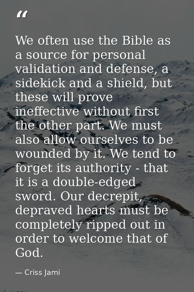 We often use the Bible as a source for personal validation and defense, a sidekick and a shield, but these will prove in — Criss Jami
