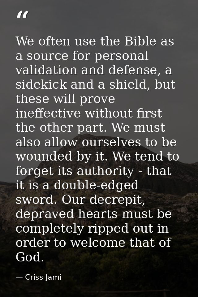 We often use the Bible as a source for personal validation and defense, a sidekick and a shield, but these will prove in — Criss Jami