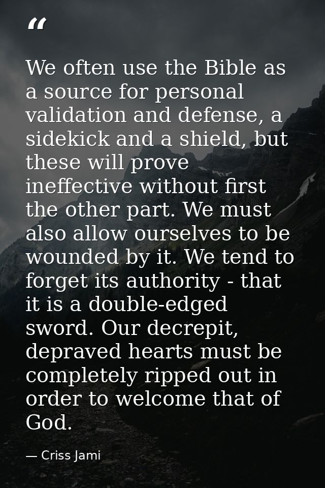 We often use the Bible as a source for personal validation and defense, a sidekick and a shield, but these will prove in — Criss Jami