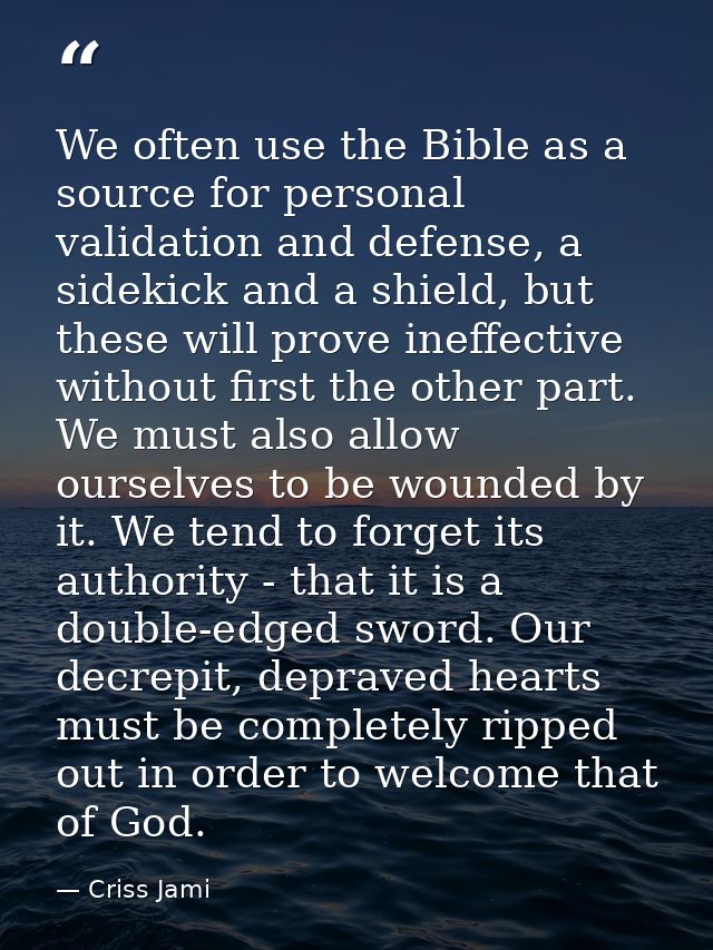We often use the Bible as a source for personal validation and defense, a sidekick and a shield, but these will prove in — Criss Jami