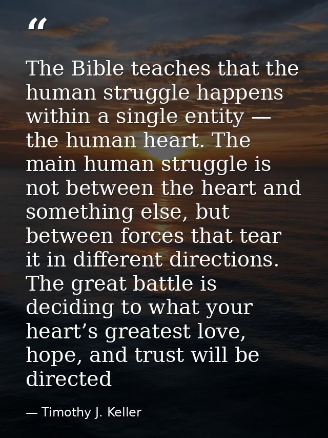 The Bible teaches that the human struggle happens within a single entity — the human heart. The main human struggle is n — Timothy J. Keller