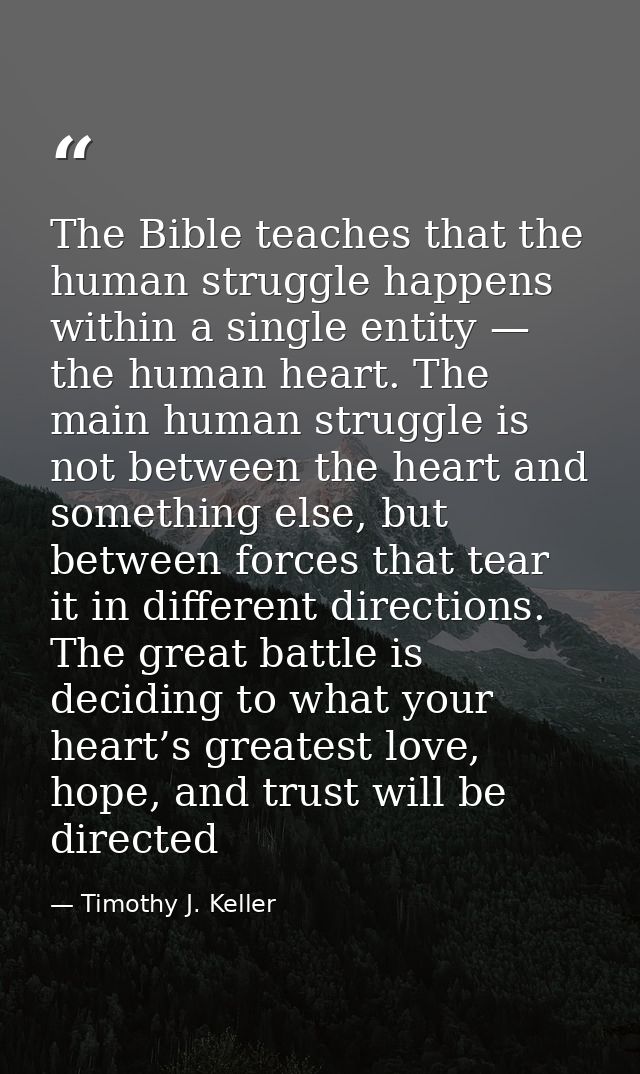 The Bible teaches that the human struggle happens within a single entity — the human heart. The main human struggle is n — Timothy J. Keller