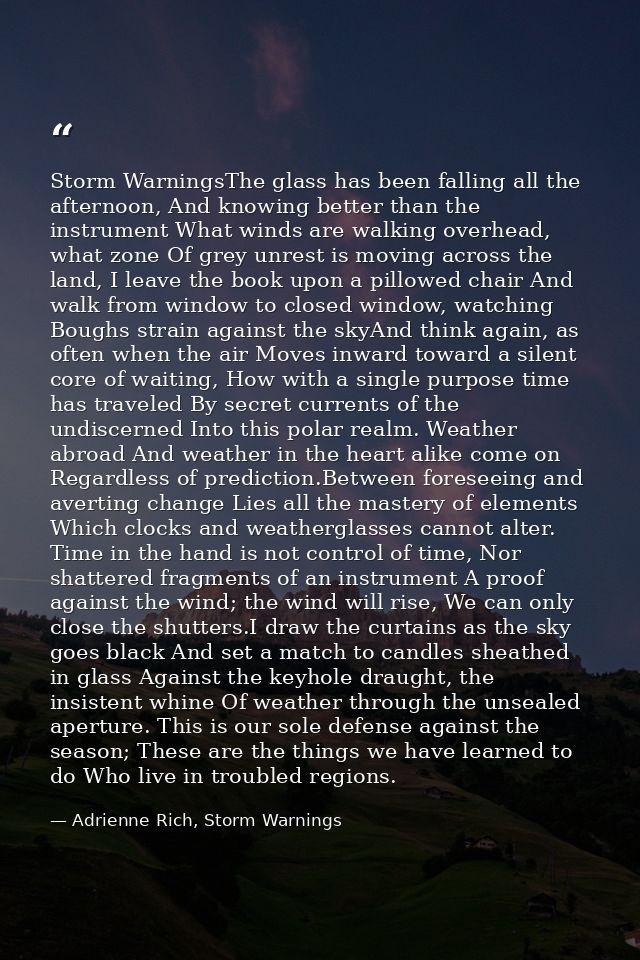 Storm WarningsThe glass has been falling all the afternoon, And knowing better than the instrument What winds are walkin — Adrienne Rich, Storm Warnings