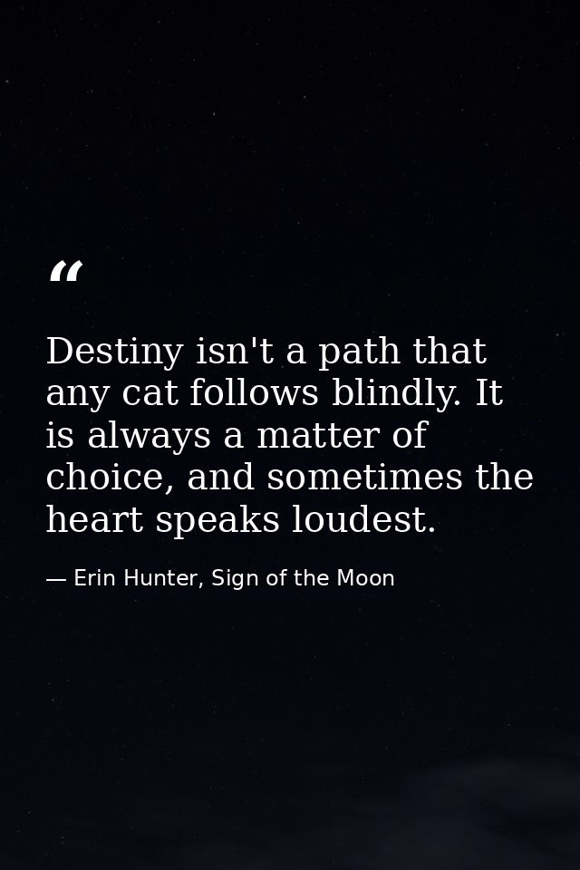 Destiny isn't a path that any cat follows blindly. It is always a matter of choice, and sometimes the heart speaks loude — Erin Hunter, Sign of the Moon