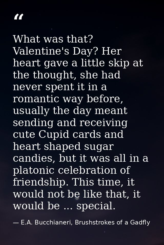 What was that? Valentine's Day? Her heart gave a little skip at the thought, she had never spent it in a romantic way be — E.A. Bucchianeri, Brushstrokes of a Gadfly