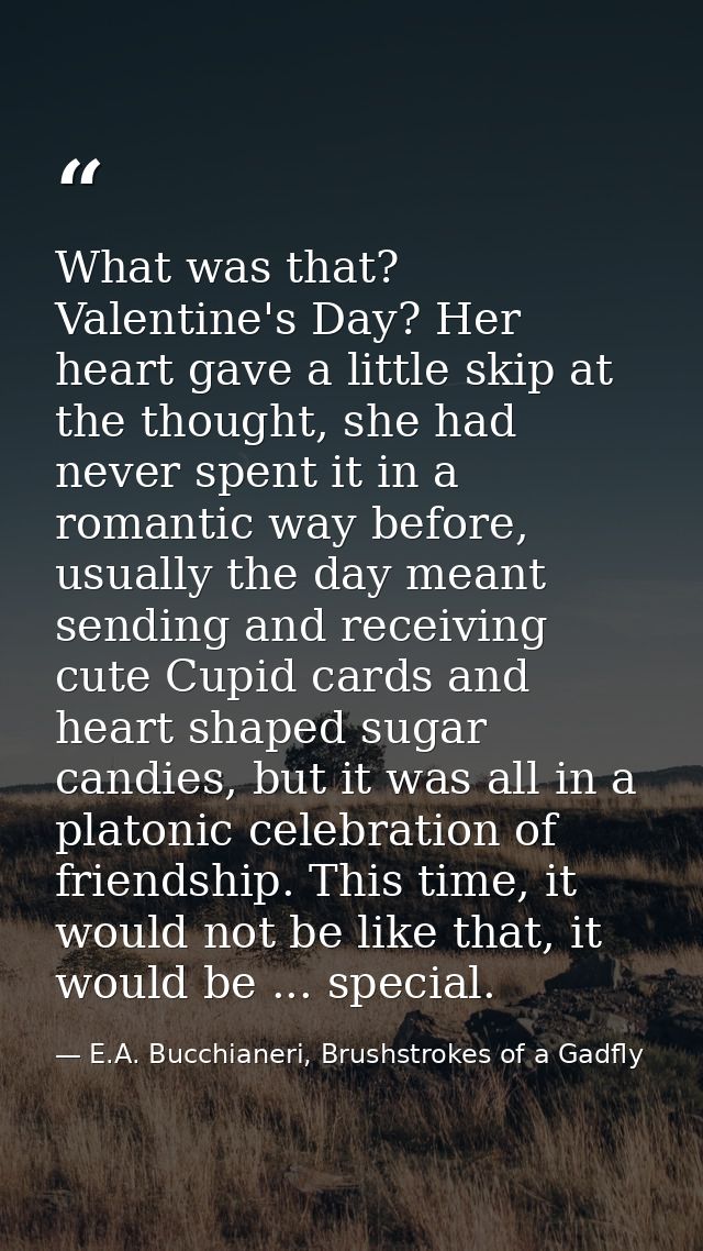 What was that? Valentine's Day? Her heart gave a little skip at the thought, she had never spent it in a romantic way be — E.A. Bucchianeri, Brushstrokes of a Gadfly