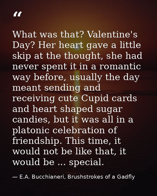 What was that? Valentine's Day? Her heart gave a little skip at the thought, she had never spent it in a romantic way be — E.A. Bucchianeri, Brushstrokes of a Gadfly