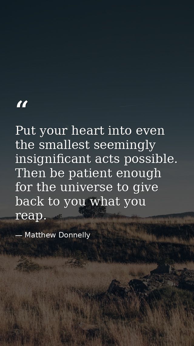 Put your heart into even the smallest seemingly insignificant acts possible. Then be patient enough for the universe to  — Matthew Donnelly