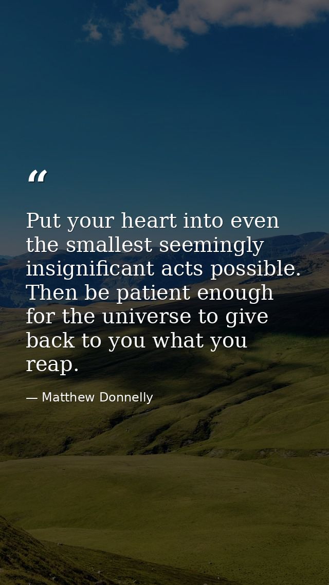 Put your heart into even the smallest seemingly insignificant acts possible. Then be patient enough for the universe to  — Matthew Donnelly