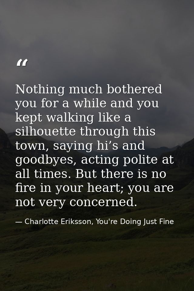 Nothing much bothered you for a while and you kept walking like a silhouette through this town, saying hi’s and goodbyes — Charlotte Eriksson, You're Doing Just Fine