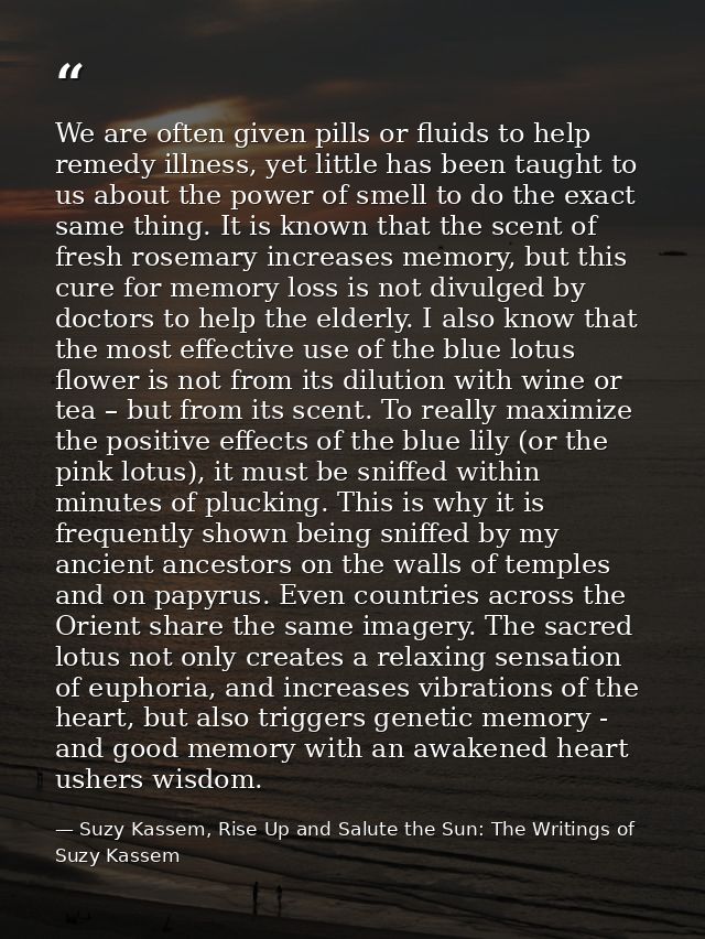 We are often given pills or fluids to help remedy illness, yet little has been taught to us about the power of smell to  — Suzy Kassem, Rise Up and Salute the Sun: The Writings of Suzy Kassem