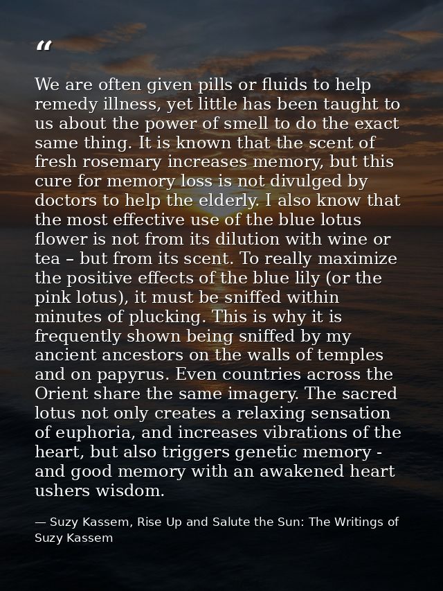 We are often given pills or fluids to help remedy illness, yet little has been taught to us about the power of smell to  — Suzy Kassem, Rise Up and Salute the Sun: The Writings of Suzy Kassem