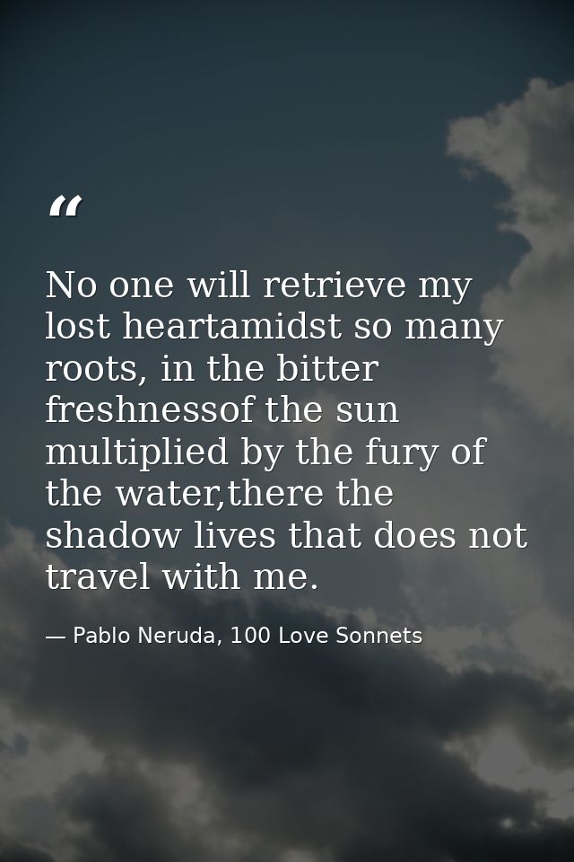 No one will retrieve my lost heartamidst so many roots, in the bitter freshnessof the sun multiplied by the fury of the  — Pablo Neruda, 100 Love Sonnets