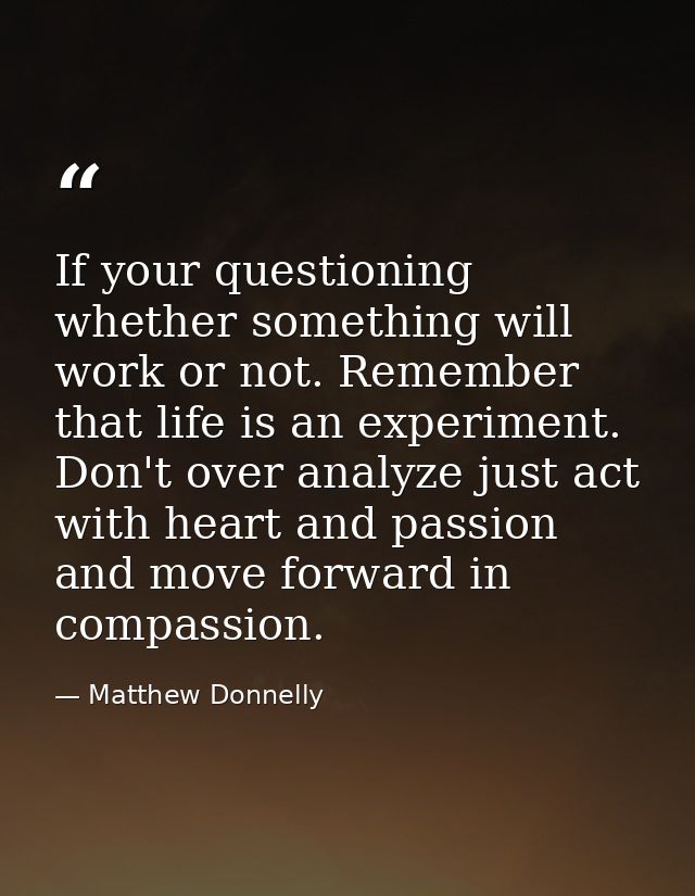 If your questioning whether something will work or not. Remember that life is an experiment. Don't over analyze just act — Matthew Donnelly