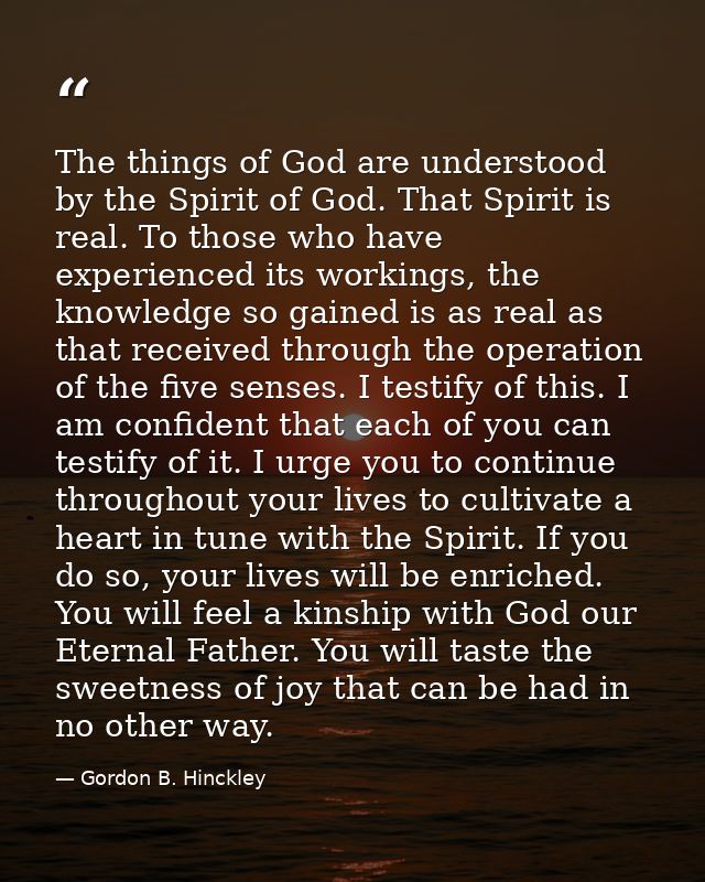 The things of God are understood by the Spirit of God. That Spirit is real. To those who have experienced its workings,  — Gordon B. Hinckley