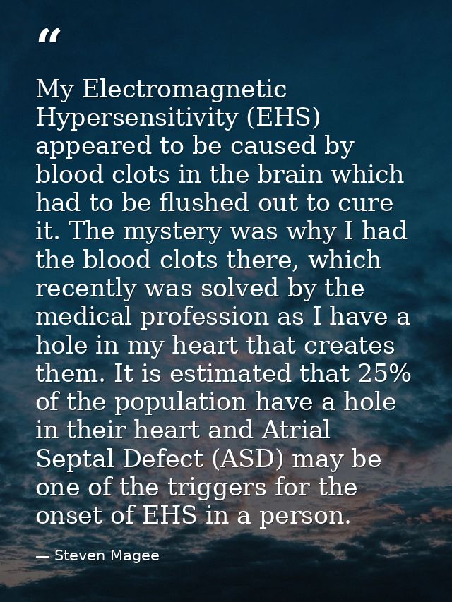 My Electromagnetic Hypersensitivity (EHS) appeared to be caused by blood clots in the brain which had to be flushed out  — Steven Magee