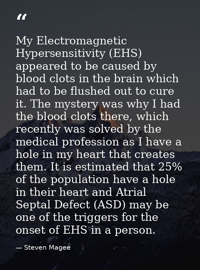 My Electromagnetic Hypersensitivity (EHS) appeared to be caused by blood clots in the brain which had to be flushed out  — Steven Magee
