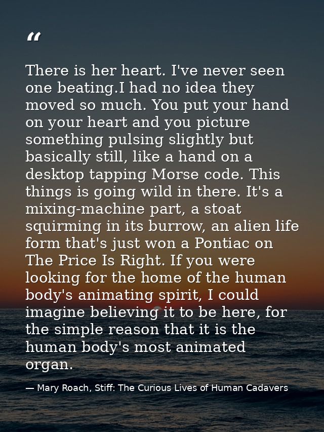 There is her heart. I've never seen one beating.I had no idea they moved so much. You put your hand on your heart and yo — Mary Roach, Stiff: The Curious Lives of Human Cadavers