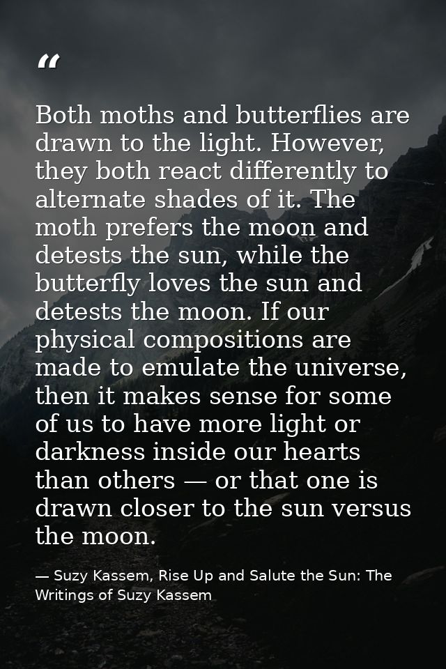 Both moths and butterflies are drawn to the light. However, they both react differently to alternate shades of it. The m — Suzy Kassem, Rise Up and Salute the Sun: The Writings of Suzy Kassem