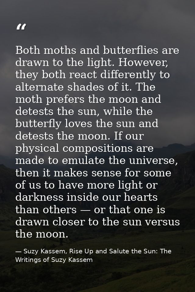 Both moths and butterflies are drawn to the light. However, they both react differently to alternate shades of it. The m — Suzy Kassem, Rise Up and Salute the Sun: The Writings of Suzy Kassem