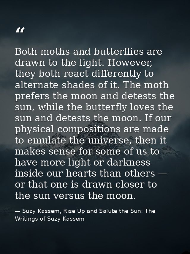 Both moths and butterflies are drawn to the light. However, they both react differently to alternate shades of it. The m — Suzy Kassem, Rise Up and Salute the Sun: The Writings of Suzy Kassem