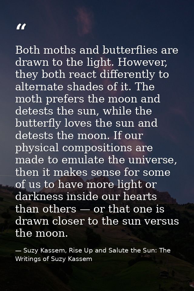 Both moths and butterflies are drawn to the light. However, they both react differently to alternate shades of it. The m — Suzy Kassem, Rise Up and Salute the Sun: The Writings of Suzy Kassem