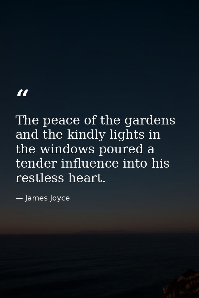 The peace of the gardens and the kindly lights in the windows poured a tender influence into his restless heart. — James Joyce