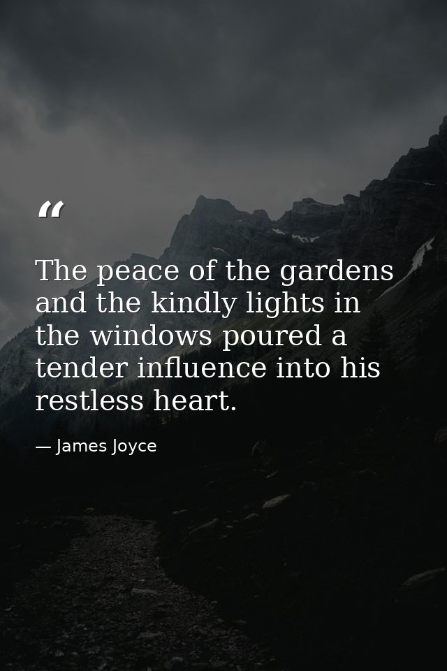 The peace of the gardens and the kindly lights in the windows poured a tender influence into his restless heart. — James Joyce