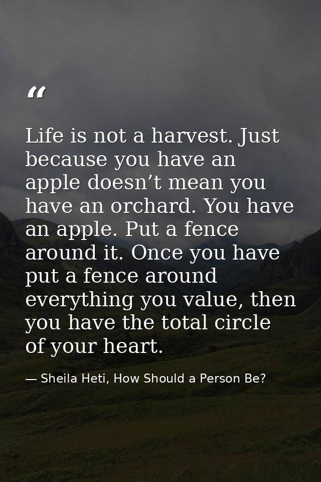 Life is not a harvest. Just because you have an apple doesn’t mean you have an orchard. You have an apple. Put a fence a — Sheila Heti, How Should a Person Be?