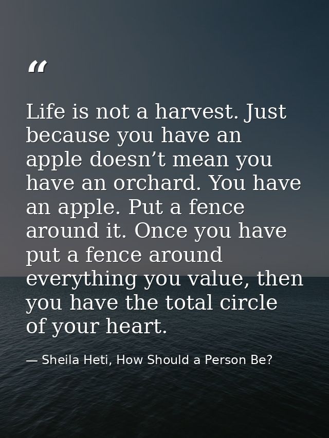 Life is not a harvest. Just because you have an apple doesn’t mean you have an orchard. You have an apple. Put a fence a — Sheila Heti, How Should a Person Be?