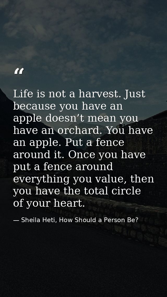 Life is not a harvest. Just because you have an apple doesn’t mean you have an orchard. You have an apple. Put a fence a — Sheila Heti, How Should a Person Be?