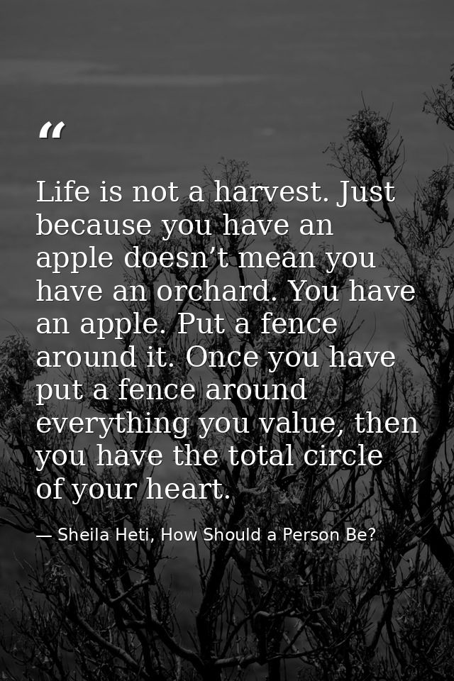 Life is not a harvest. Just because you have an apple doesn’t mean you have an orchard. You have an apple. Put a fence a — Sheila Heti, How Should a Person Be?
