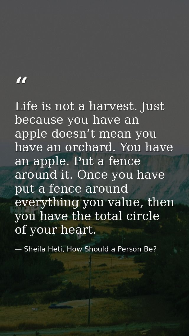 Life is not a harvest. Just because you have an apple doesn’t mean you have an orchard. You have an apple. Put a fence a — Sheila Heti, How Should a Person Be?