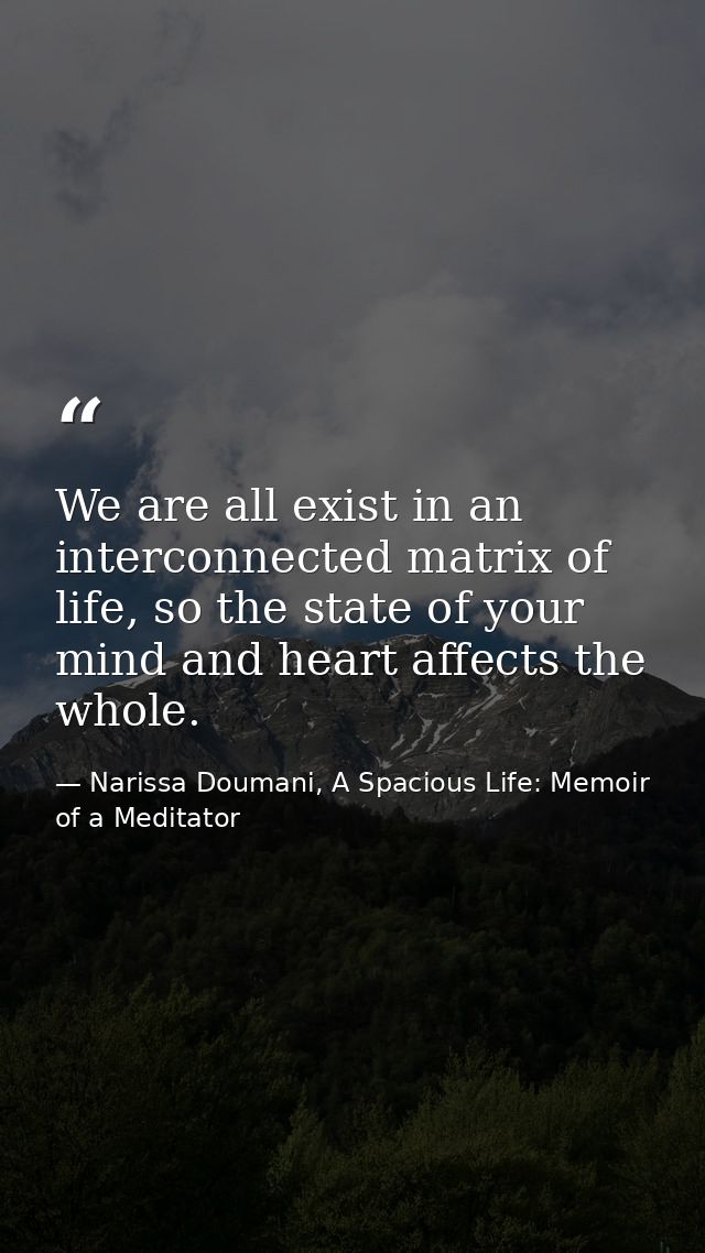 We are all exist in an interconnected matrix of life, so the state of your mind and heart affects the whole. — Narissa Doumani, A Spacious Life: Memoir of a Meditator
