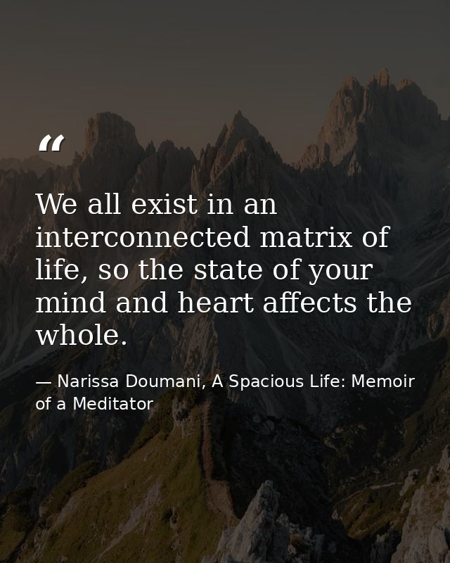 We all exist in an interconnected matrix of life, so the state of your mind and heart affects the whole. — Narissa Doumani, A Spacious Life: Memoir of a Meditator