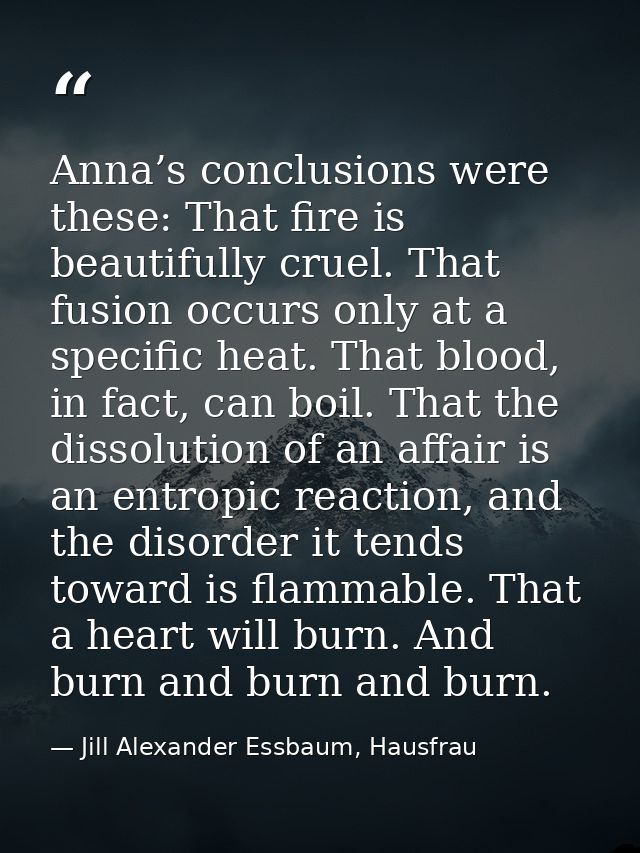 Anna’s conclusions were these: That fire is beautifully cruel. That fusion occurs only at a specific heat. That blood, i — Jill Alexander Essbaum, Hausfrau